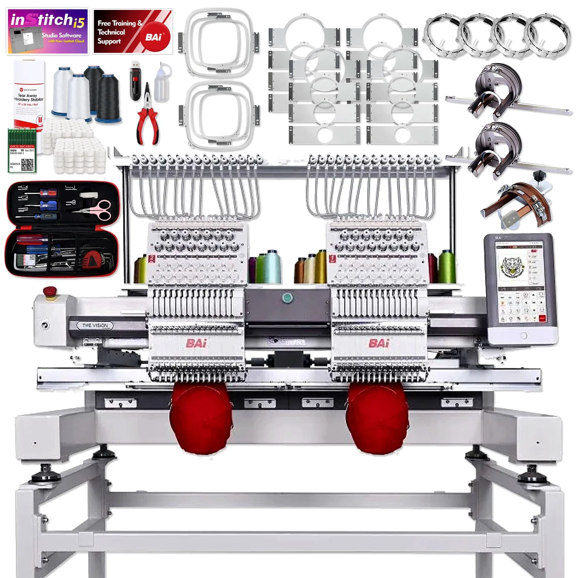 BAi VISION Two Head 15 Needle Embroidery Machine Bundle with Cap & Hat Hoops