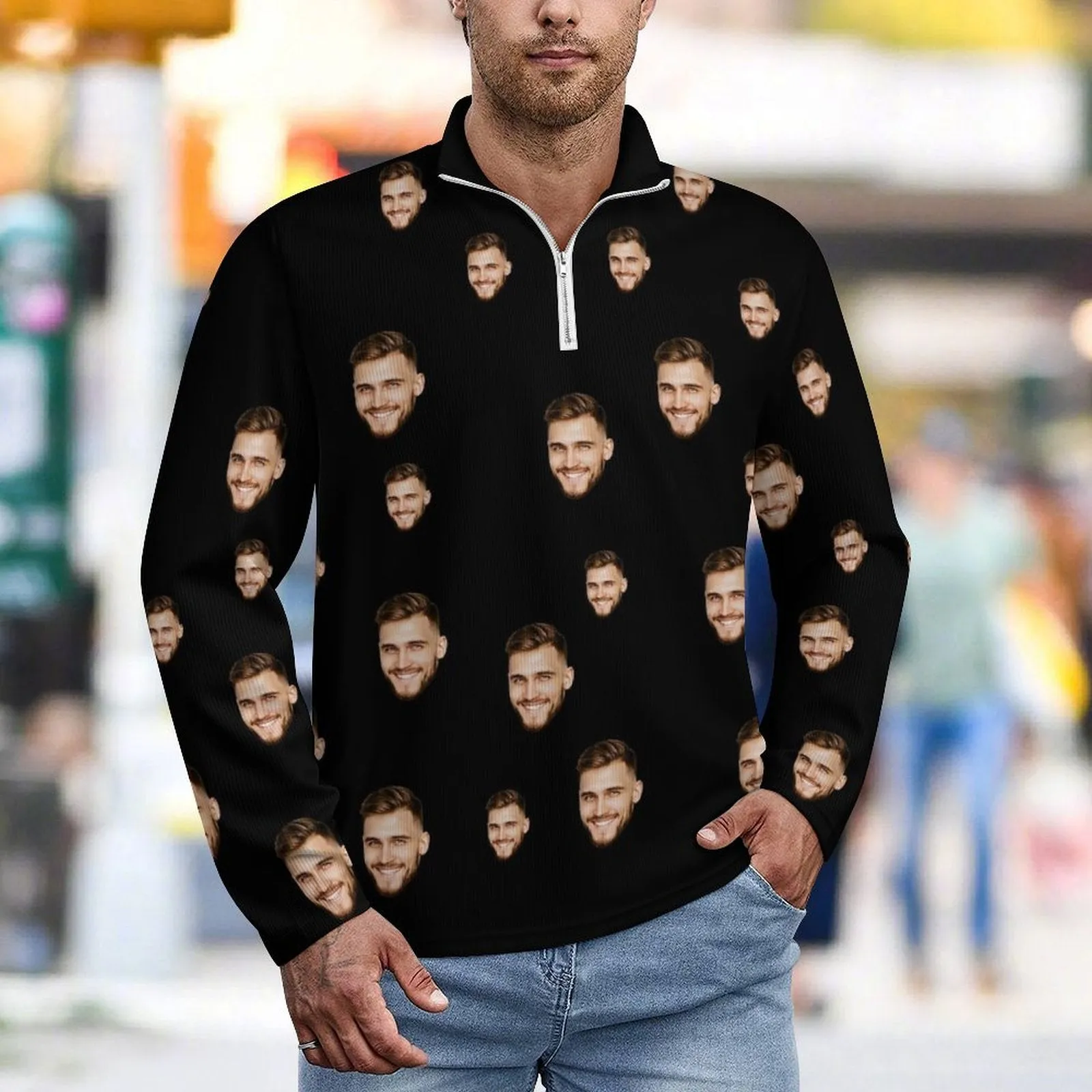 Custom Face Solid Color Long Sleeve Men's Sweater Polos