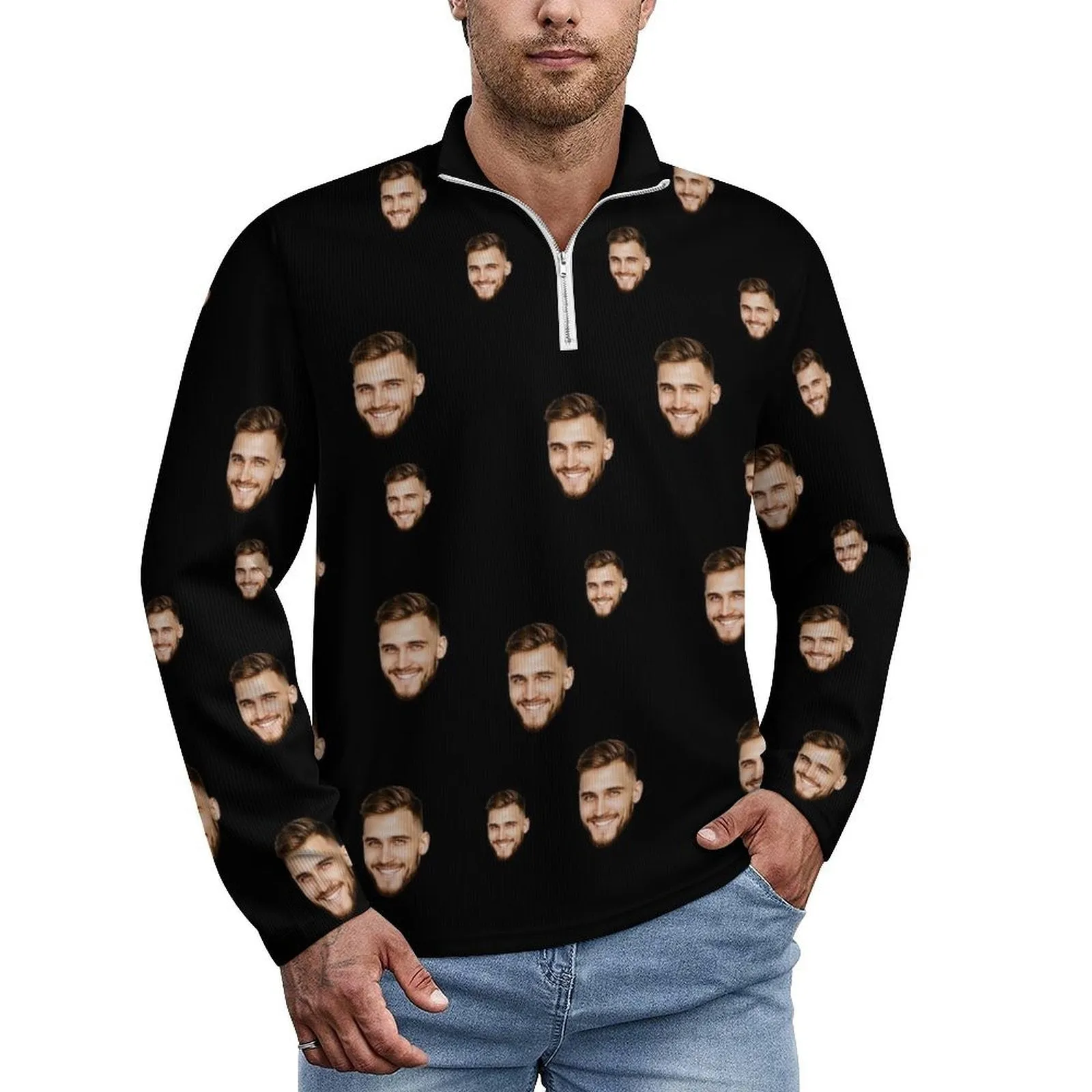 Custom Face Solid Color Long Sleeve Men's Sweater Polos